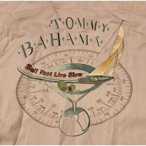 Tommy Bahama Men’s Large Cream Silk Shirt Embroidered Sail Fast Live Slow Button
